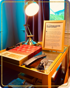 We, Humans book easel displayed by the bedside